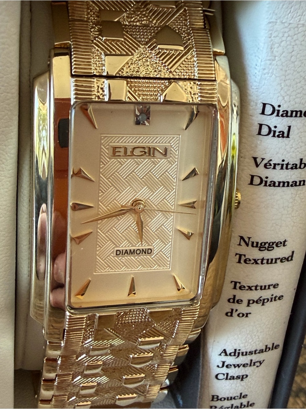 New! Elgin Gold Tone 28mm Diamond Dial Rectangular Men’s Watch - Picture 3 of 6